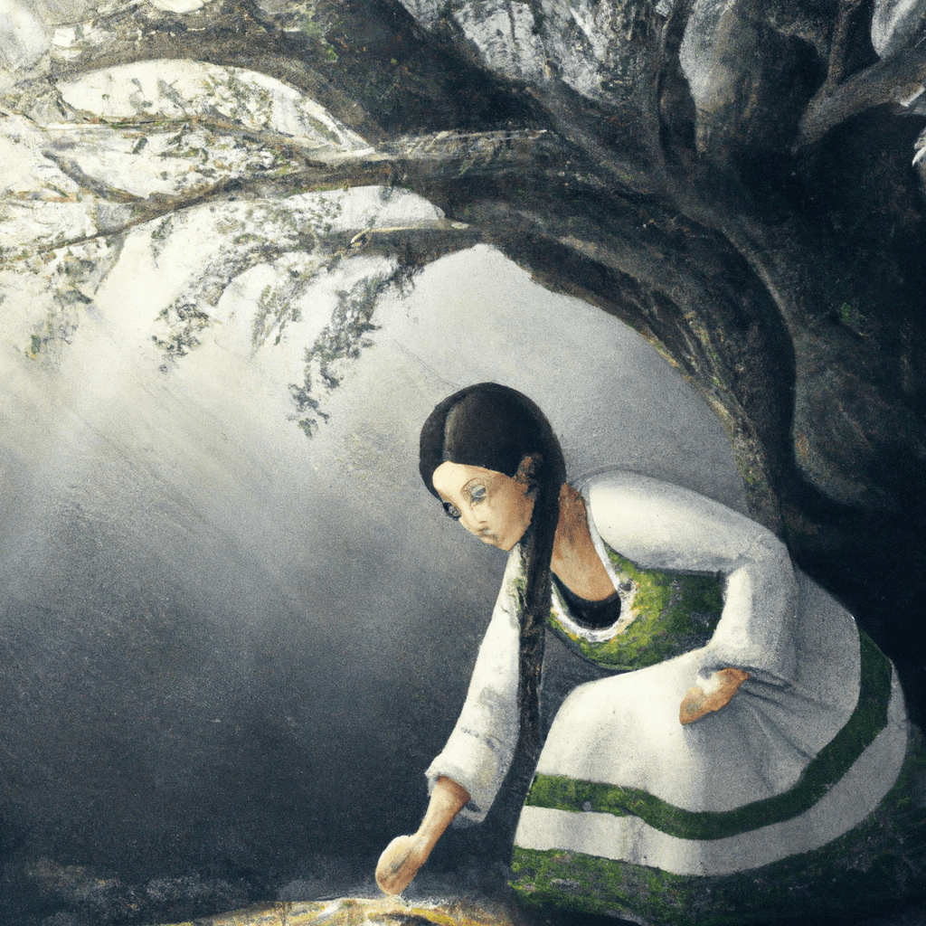 A girl making olive oil picking from an olive tree wearing traditional clothing