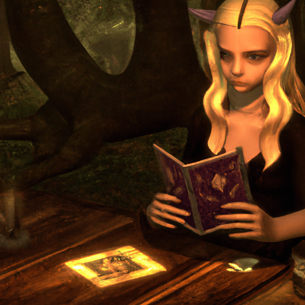 young pretty blond witch in a mystical forest reading tarot cards