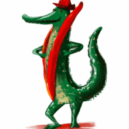 Alligator wearing a chili pepper costume standing on its back legs. Pepper stem is on its head, end of pepper covers tail. Arms and legs are outside the costume