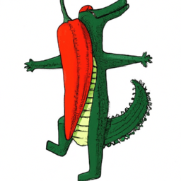 Alligator wearing a chili pepper costume standing on its back legs. Pepper stem is on its head, end of pepper covers tail. Arms and legs are outside the costume
