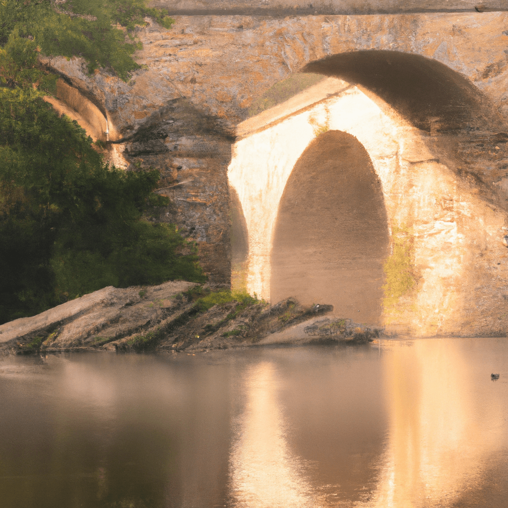 A serene river with a stone bridge on a misty morning.