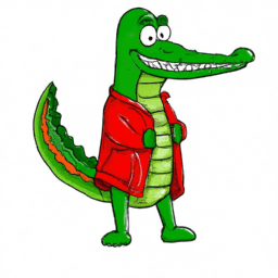 A green cartoon alligator standing on its back legs and wearing a red chili pepper costume with a zipper up the front