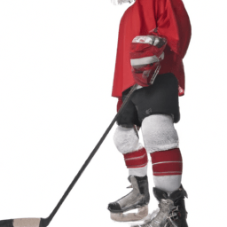 A tall hockey player with small skates in full equipment