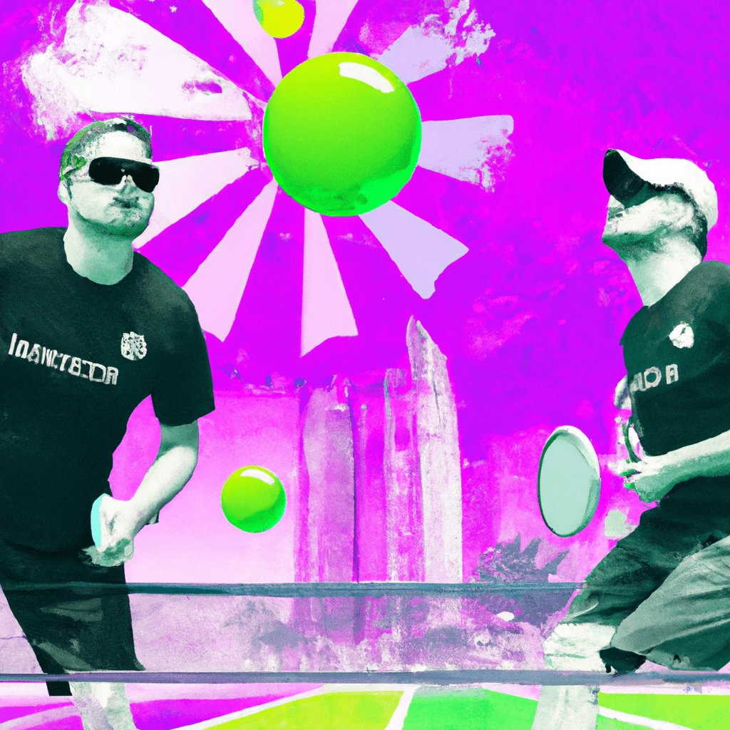 Great Athletic Pickleball players enjoying a game of pickleball Dubai background with tournament branding