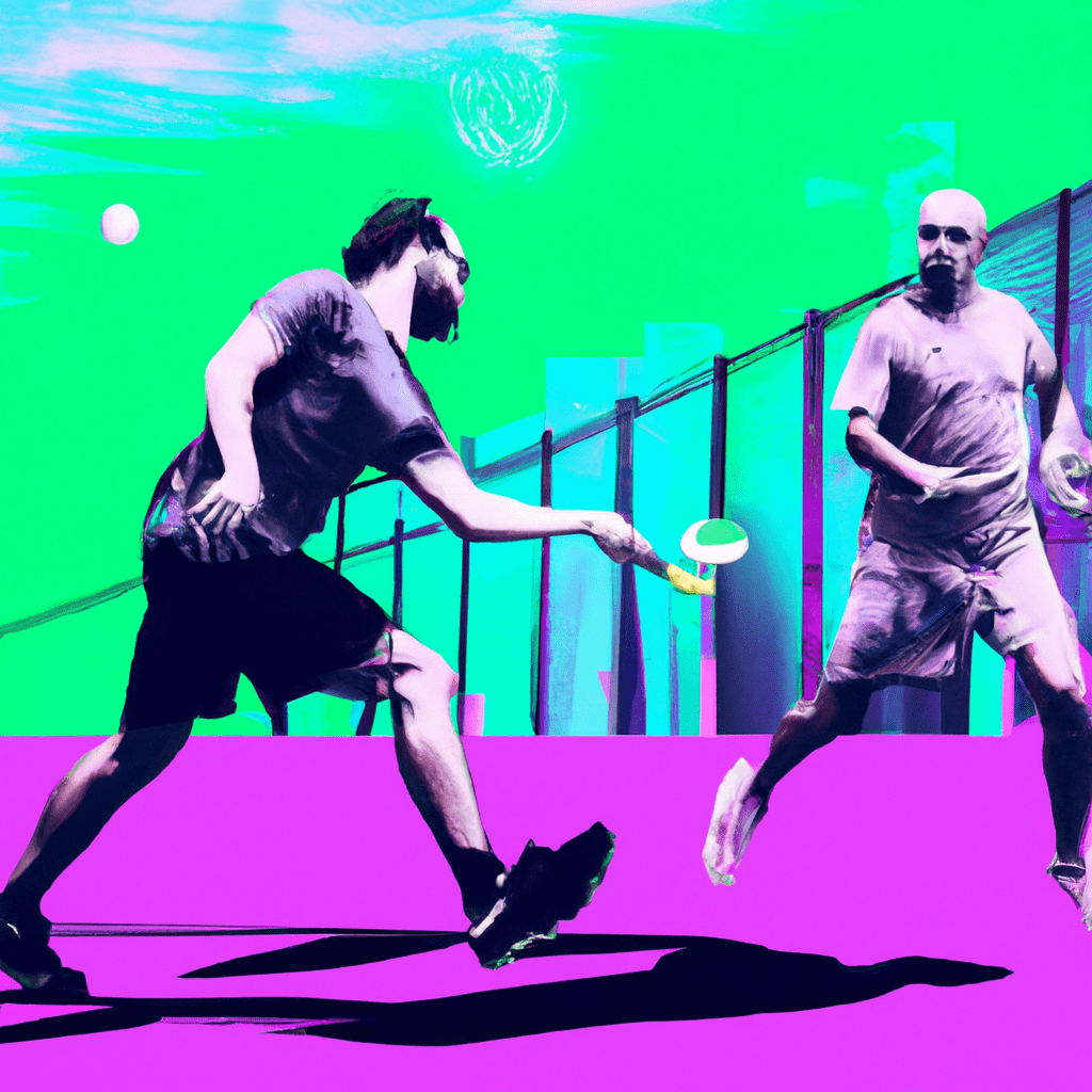Great Athletic Pickleball players enjoying a game of pickleball Dubai background with tournament branding