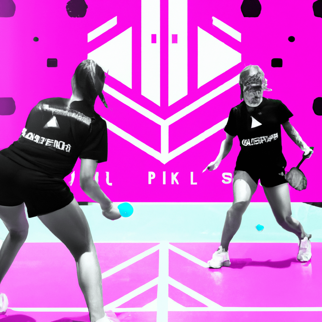 Great Athletic female and male Pickleball players enjoying a game of pickleball Dubai background with tournament branding