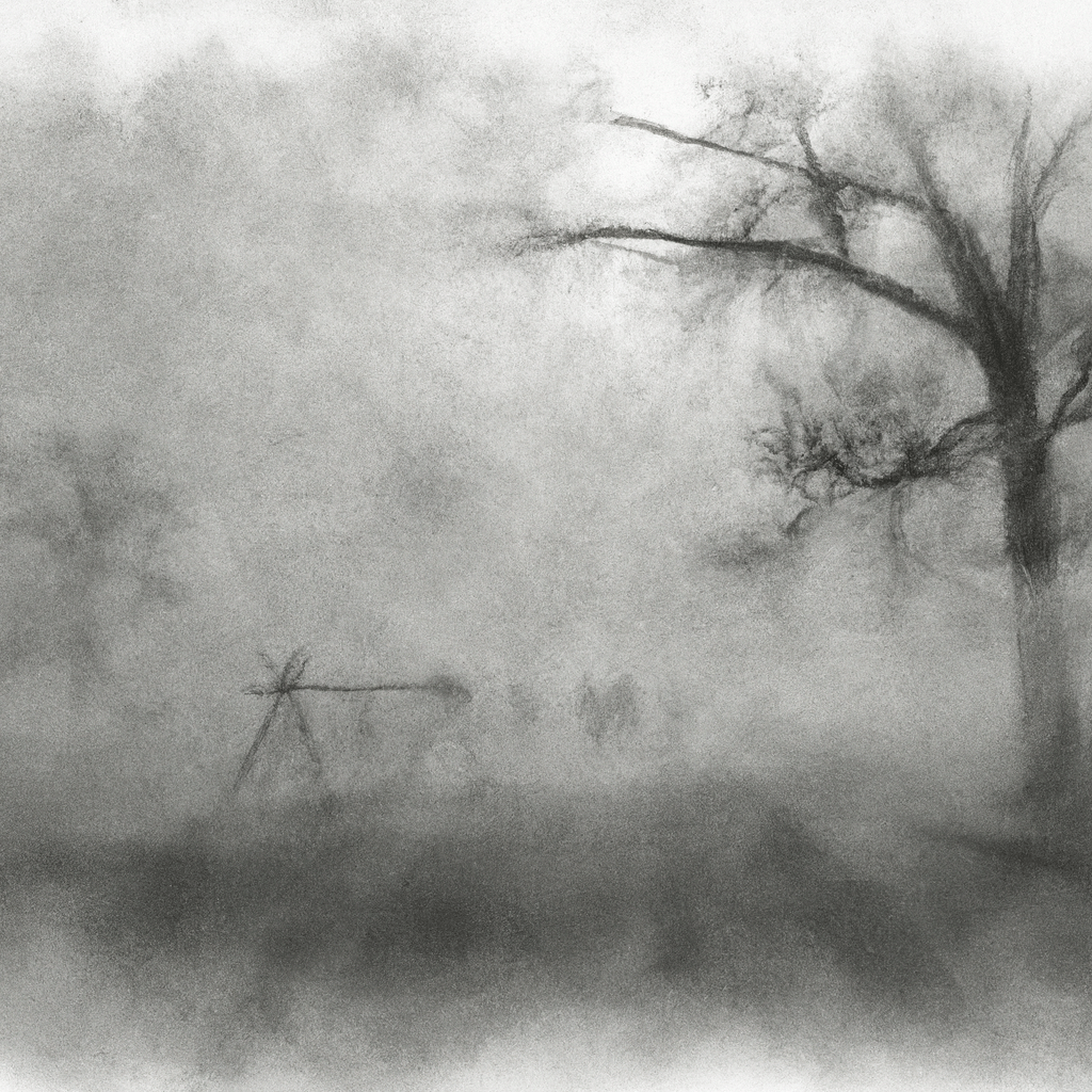 A Civil War battlefield on an early misty morning,
