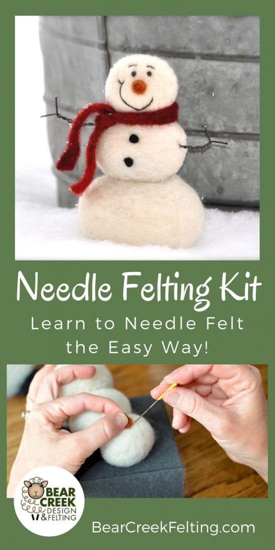 Needle felted Snowman craft kit for beginners. Super Easy kit that will get you started needle felting with everything you need. All the supplies needed to complete this project plus detailed instructions with pictures of each step. Perfect craft to do with your kids!