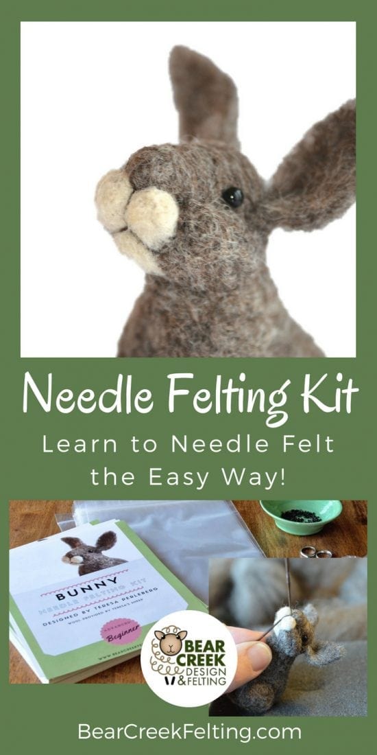 Bunny Needle Felting Kit. If you would like to get started creating needle felted animals a kit from Bear Creek Felting is the perfect place to start. Everything you need is included in the kit to complete the project. Kits take about 3 hours to complete and are frustration free for beginners. Learn to needle felt the easy way!