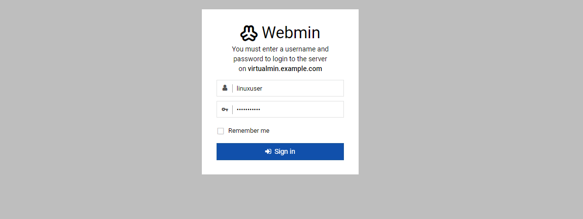 Virtualmin login page