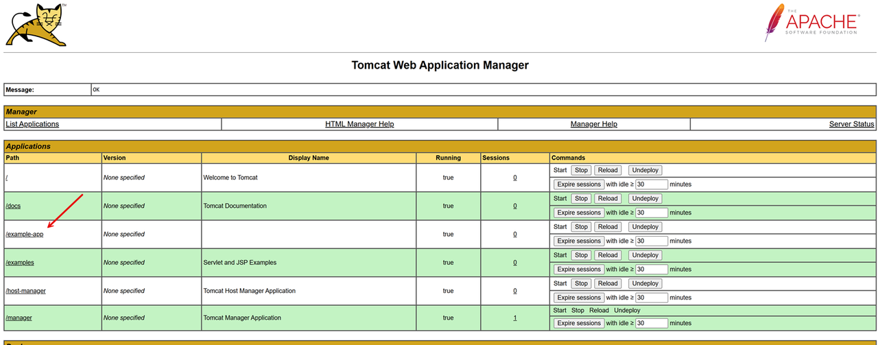 View active web applications in the Apache Tomcat interface