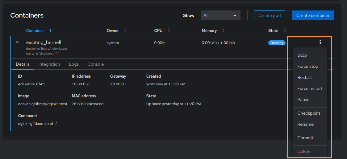 Container management actions