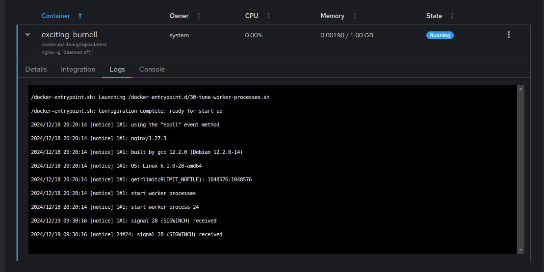 The container's logs