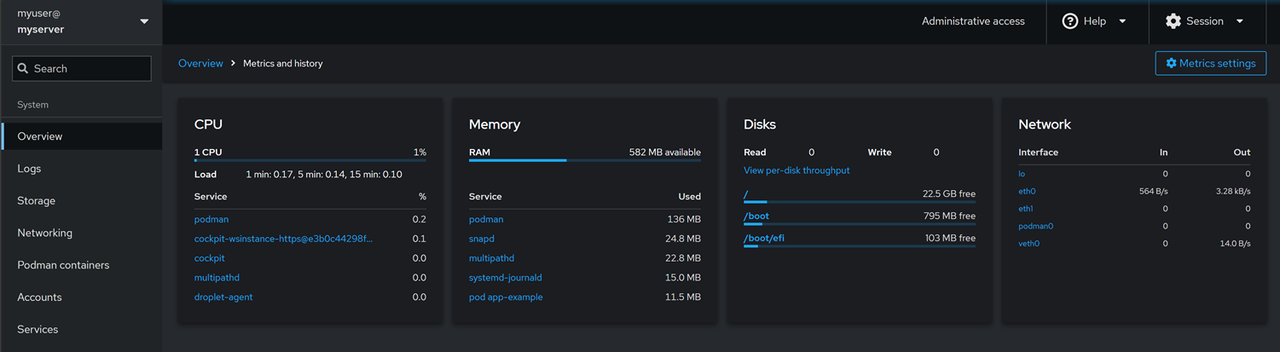 Monitor a server using Cockpit in the Overview tab