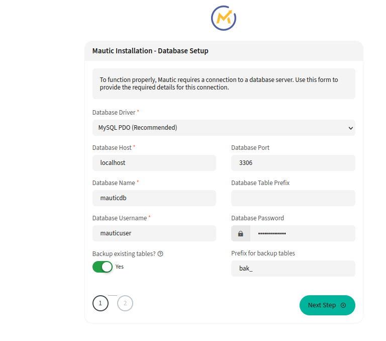 Mautic database setup