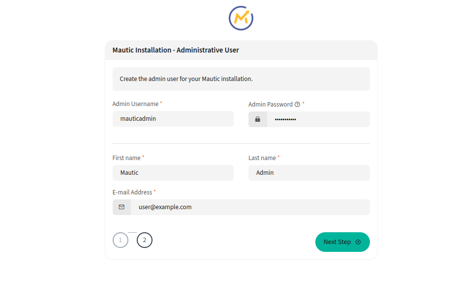 Mautic setup admin user