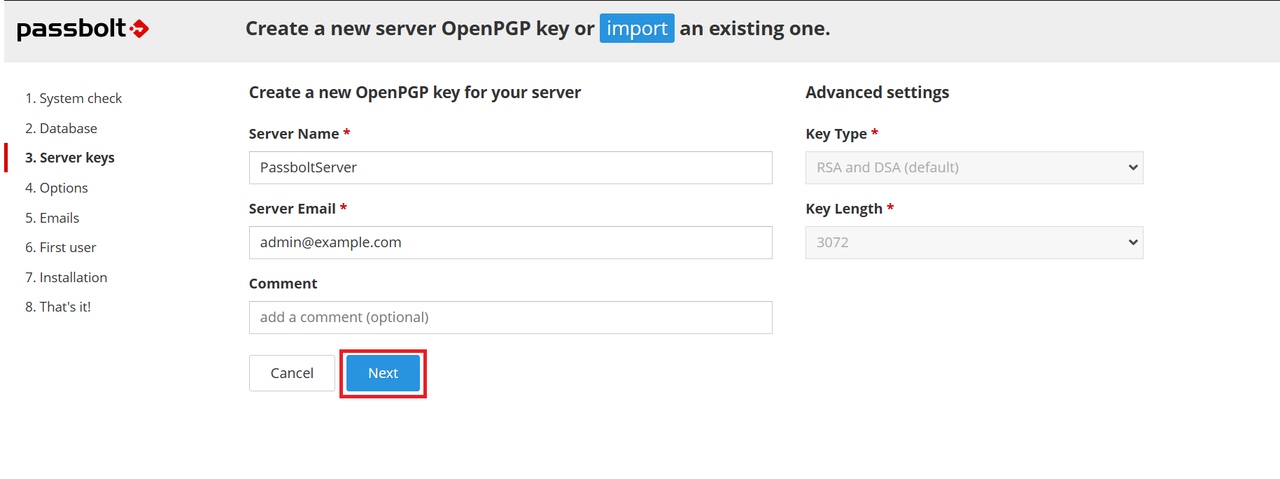 Passbolt Server Key Configuration