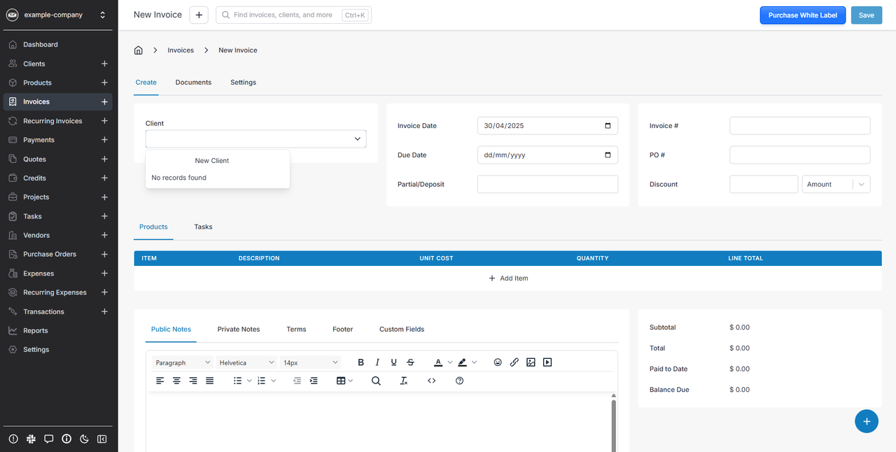 Create a new Invoice