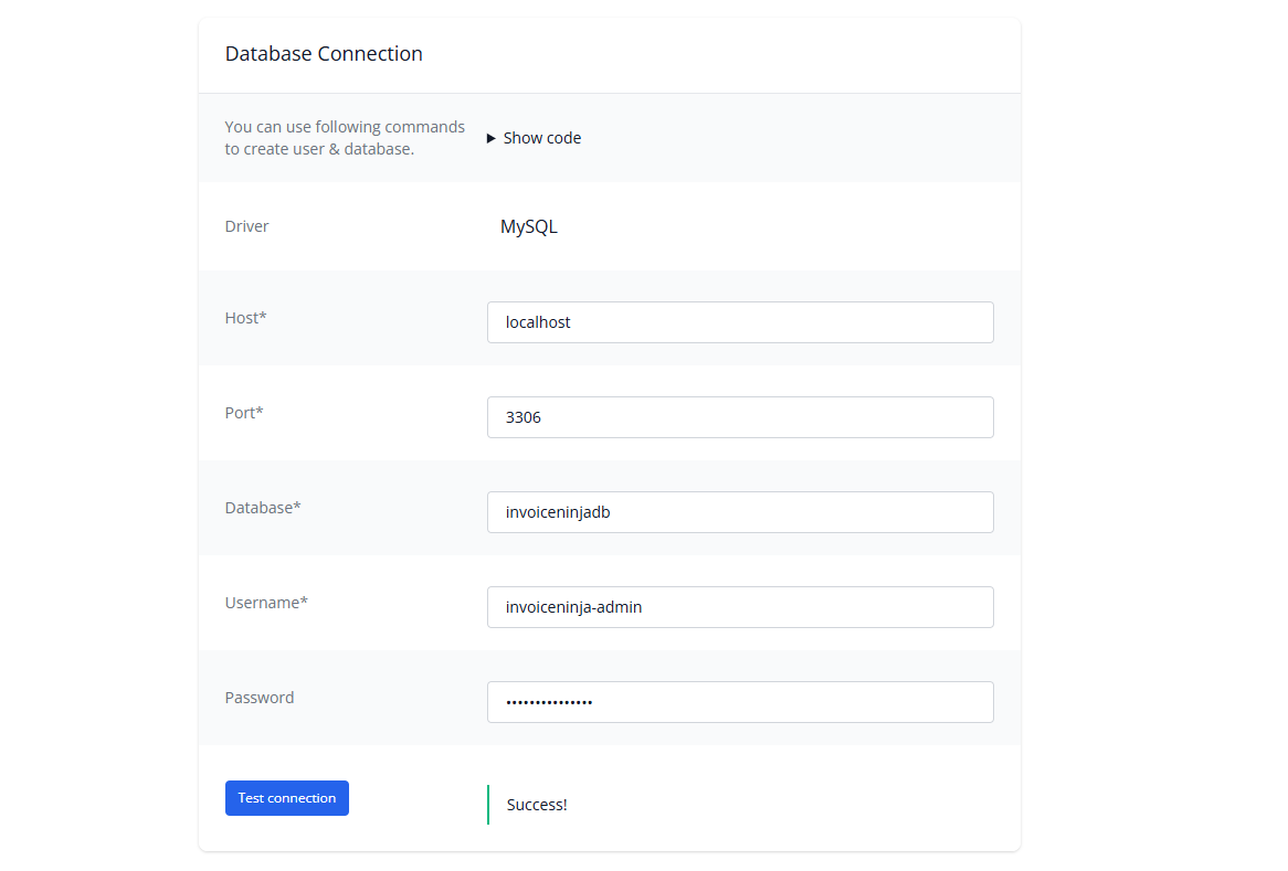 Setup the Invoice Ninja Database Connection