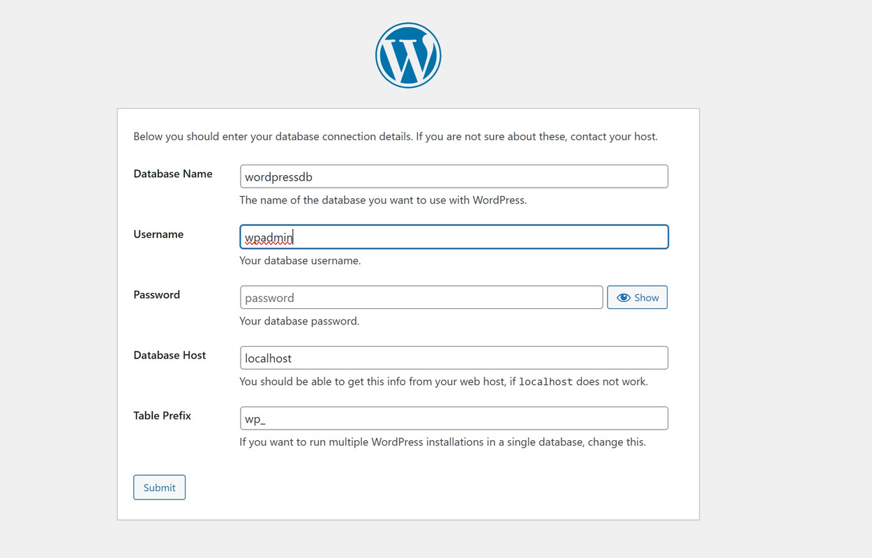 Enter WordPress database details