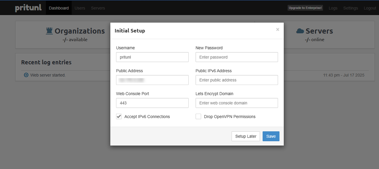Setup Server Defaults