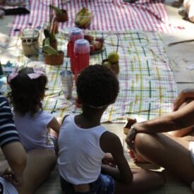 Um grupo de pessoas está sentado em um ambiente ao ar livre, em um piquenique. No centro, há uma toalha xadrez com diversos itens, incluindo frutas, garrafas e cestos. Algumas crianças estão presentes, uma delas com um laço rosa no cabelo, enquanto outra usa uma camiseta branca. As pessoas ao redor parecem estar interagindo e aproveitando o momento. A iluminação é natural, sugerindo que é um dia ensolarado.