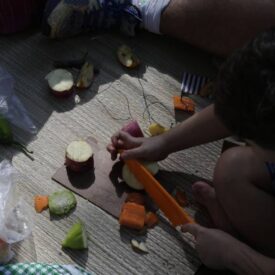 Uma criança está sentada no chão, utilizando uma faca para descascar uma cenoura. Ao redor dela, há várias frutas e vegetais cortados, como maçãs, cenouras e um pedaço de abobrinha. Algumas partes das frutas e vegetais estão espalhadas pelo chão, junto com sacos plásticos que parecem conter mais alimentos. A cena sugere uma atividade de preparação de alimentos ao ar livre. Ao fundo, é possível ver a parte inferior de uma pessoa adulta, que está usando um tênis esportivo. A iluminação é natural, indicando que a atividade ocorre durante o dia.