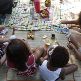 Um grupo de pessoas está sentado em um piquenique ao ar livre, em um local ensolarado. Elas estão reunidas sobre uma toalha colorida, onde há frutas cortadas e alguns utensílios. As crianças estão sentadas em círculo, com uma delas usando um vestido vermelho com bolinhas brancas. Outra criança está vestindo uma blusa branca. Adultos estão próximos, alguns interagindo com as crianças e outros manipulando alimentos. O ambiente é descontraído e familiar, com um clima de confraternização.