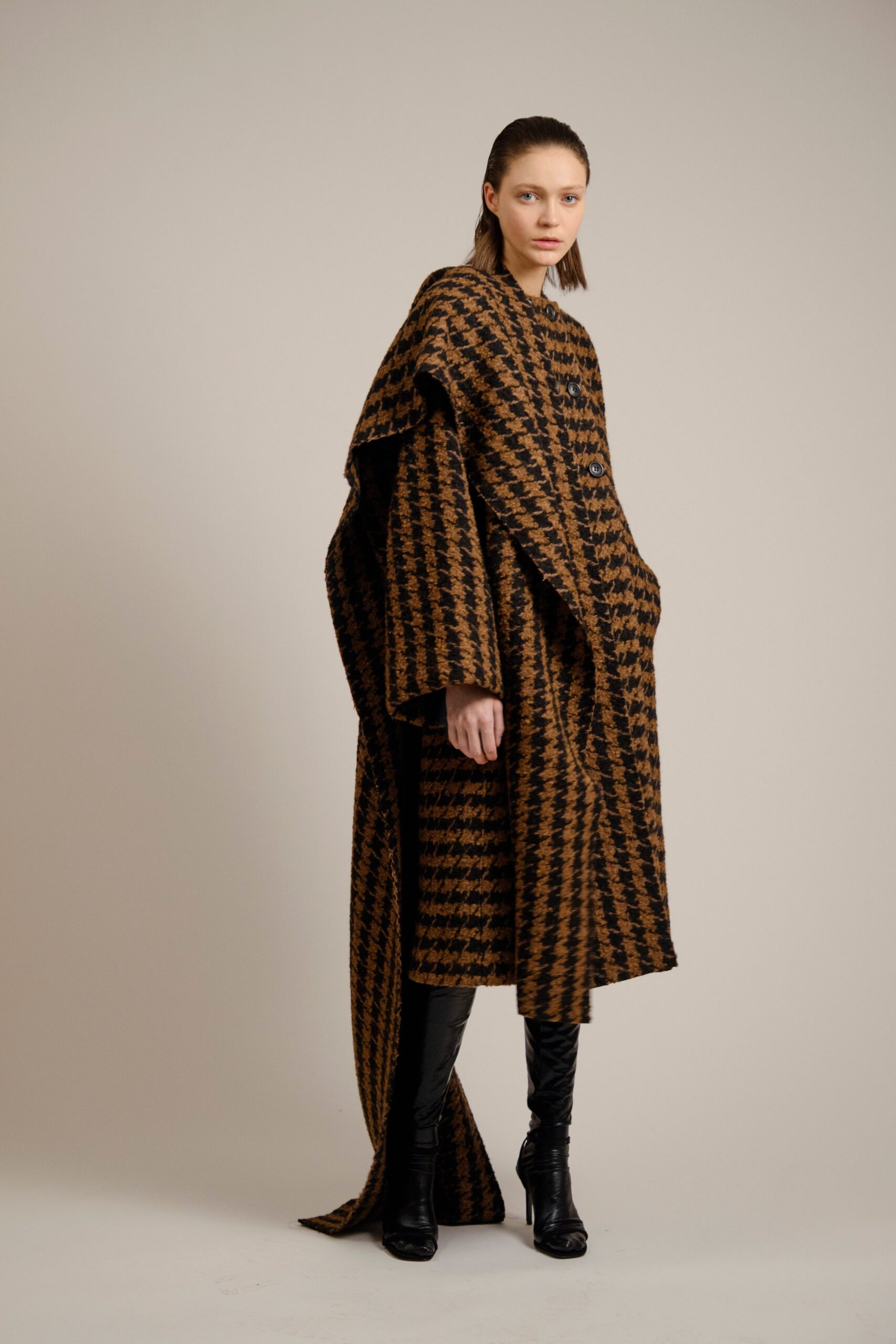 brown wool long-sleeve oversized layered pockets cape