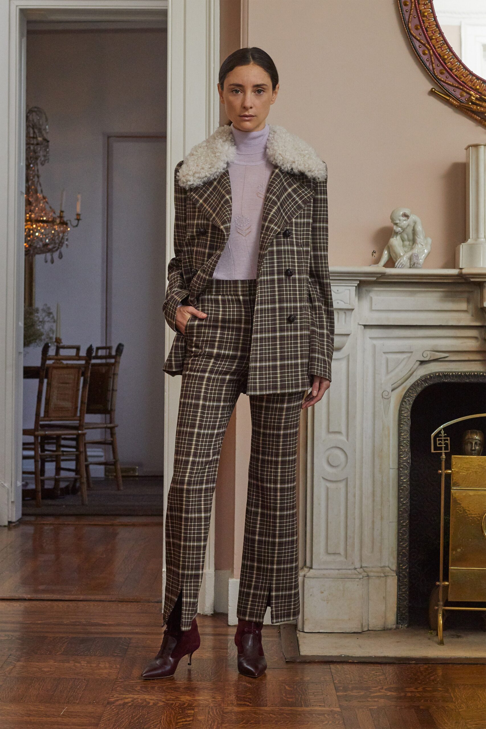 brown wool slit tailored checked straight-leg pants