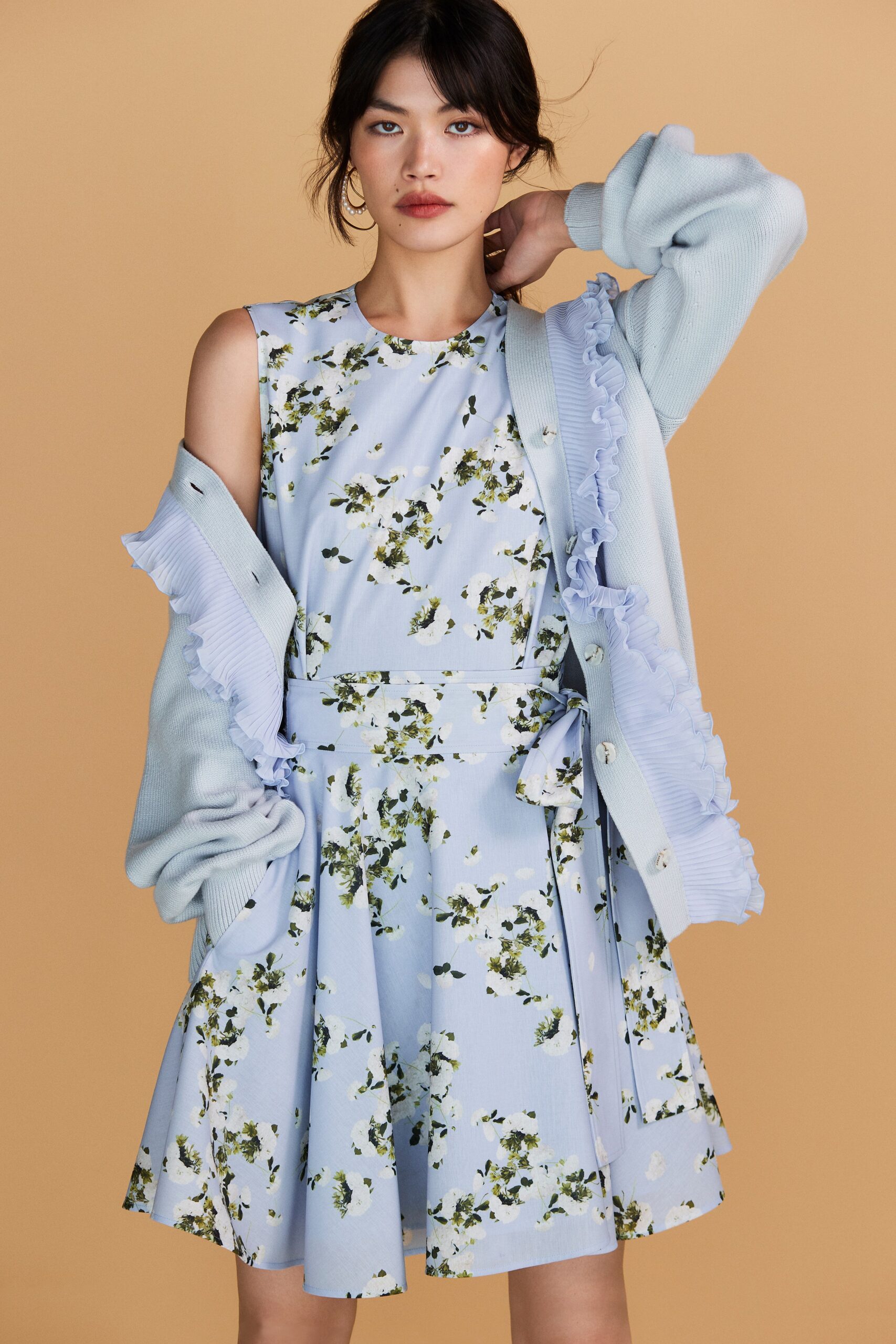 blue cotton sleeveless collared fitted floral flared dress