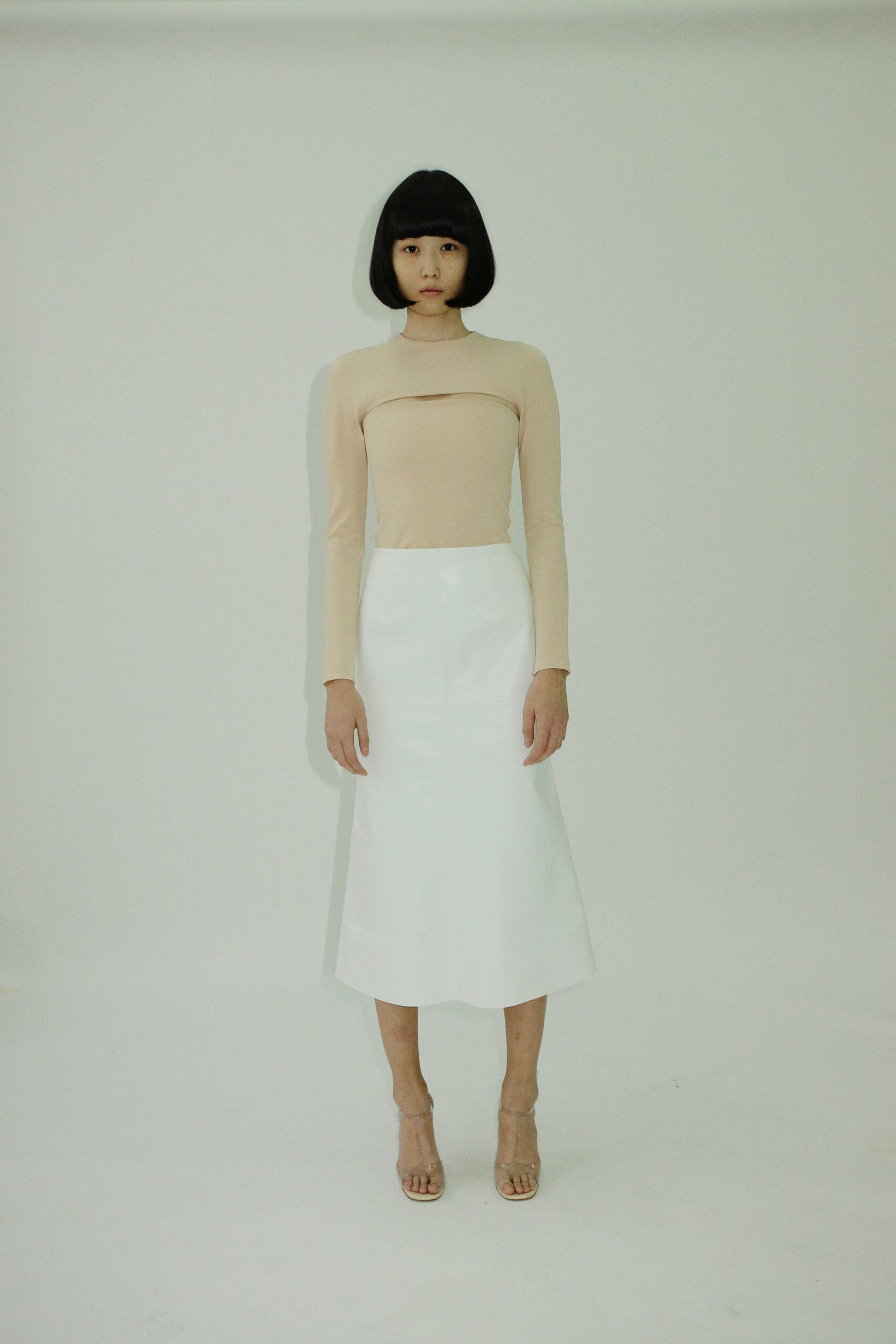 beige fitted top white midi skirt