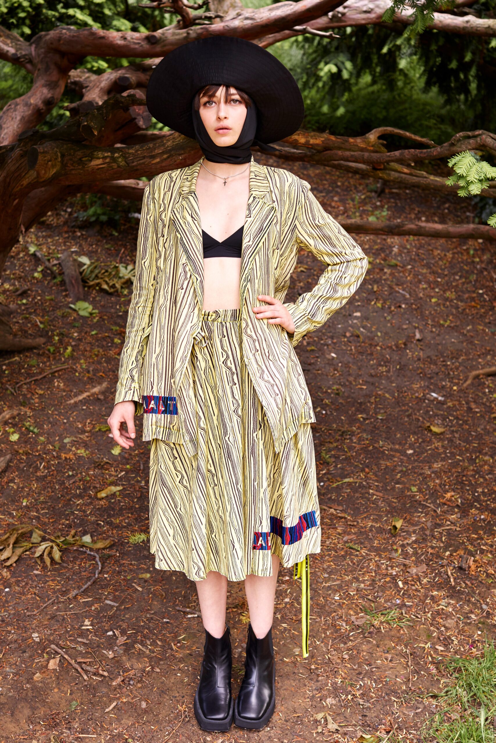 yellow and black printed blazer and skirt