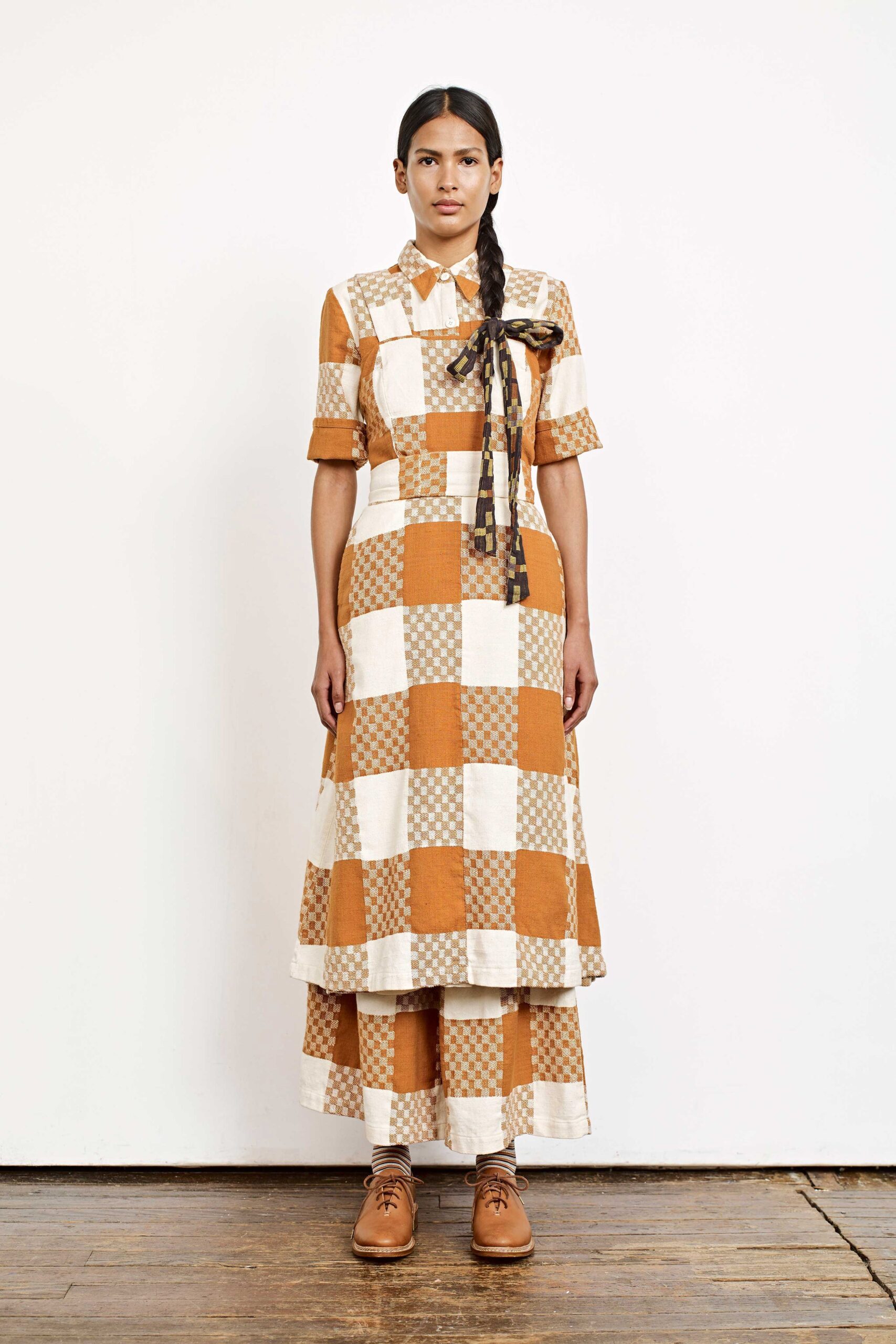 orange and white checked midi dress