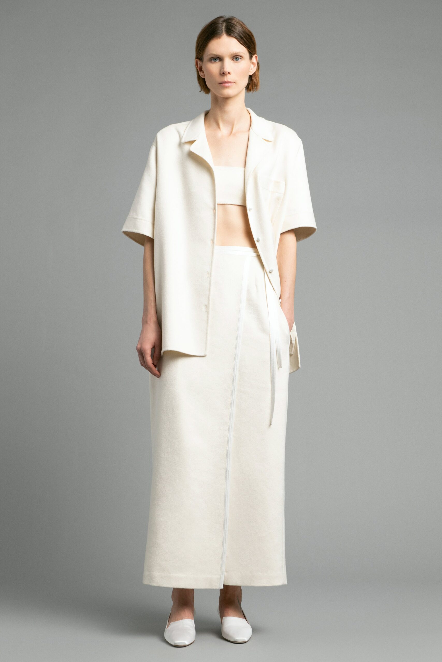 white cotton slit fitted high-waisted midi skirt