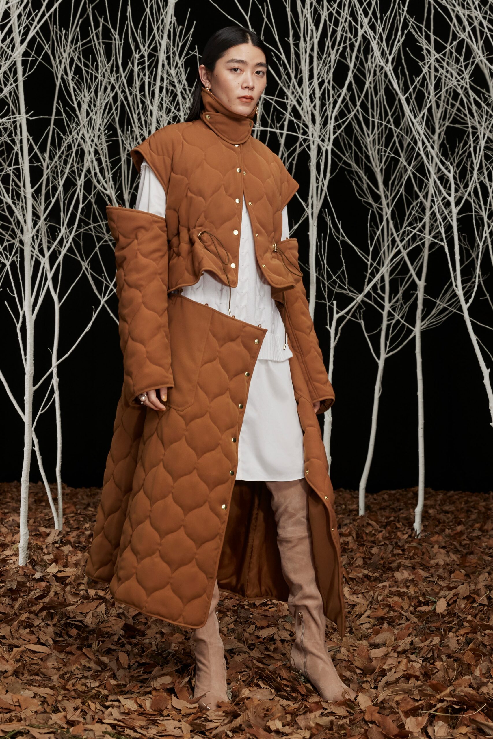 brown cotton long-sleeve collared oversized quilted buttoned coat