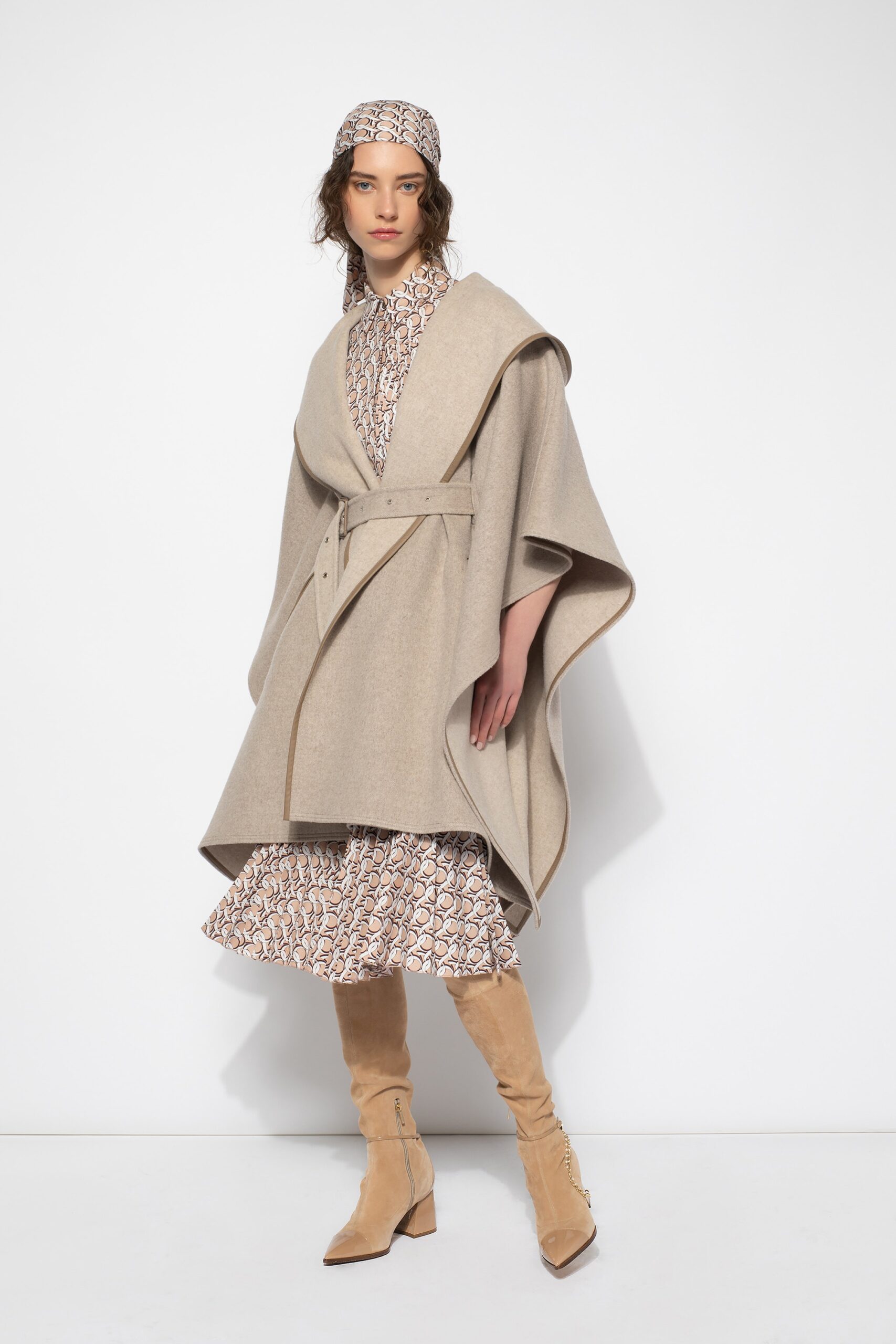 beige wool sleeveless relaxed belted cape