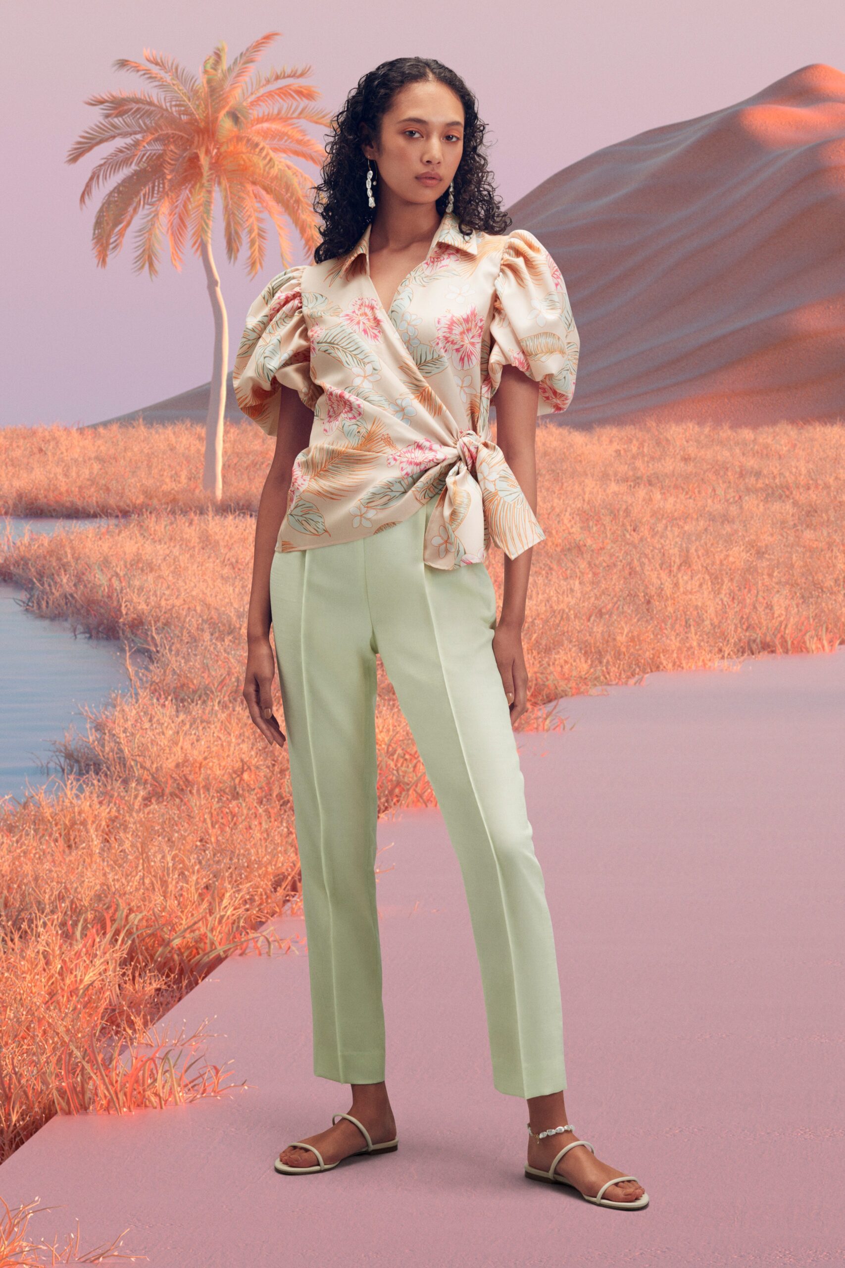 beige silk ruffled shirt with tailored pants