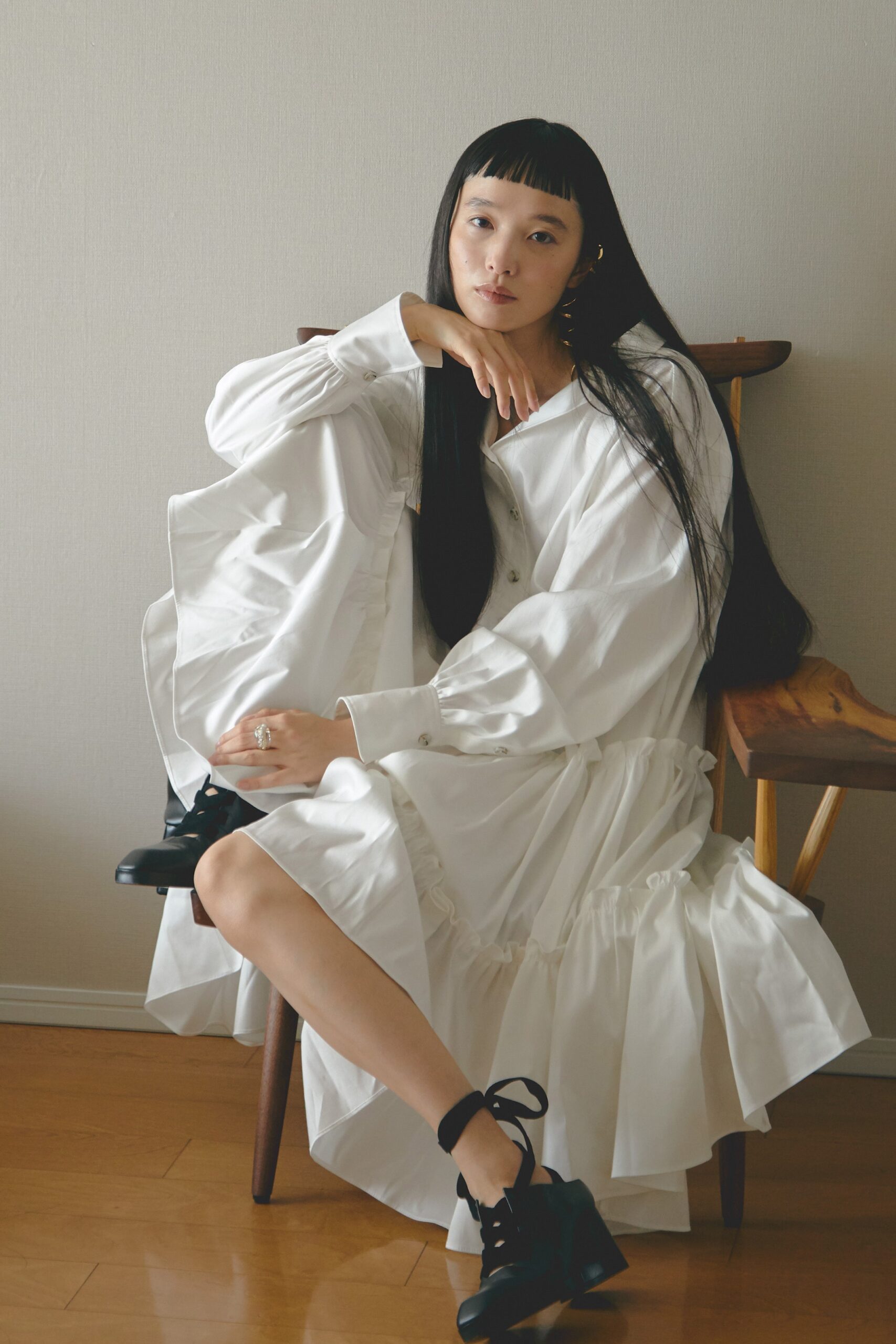 white relaxed midi dress with ruffles