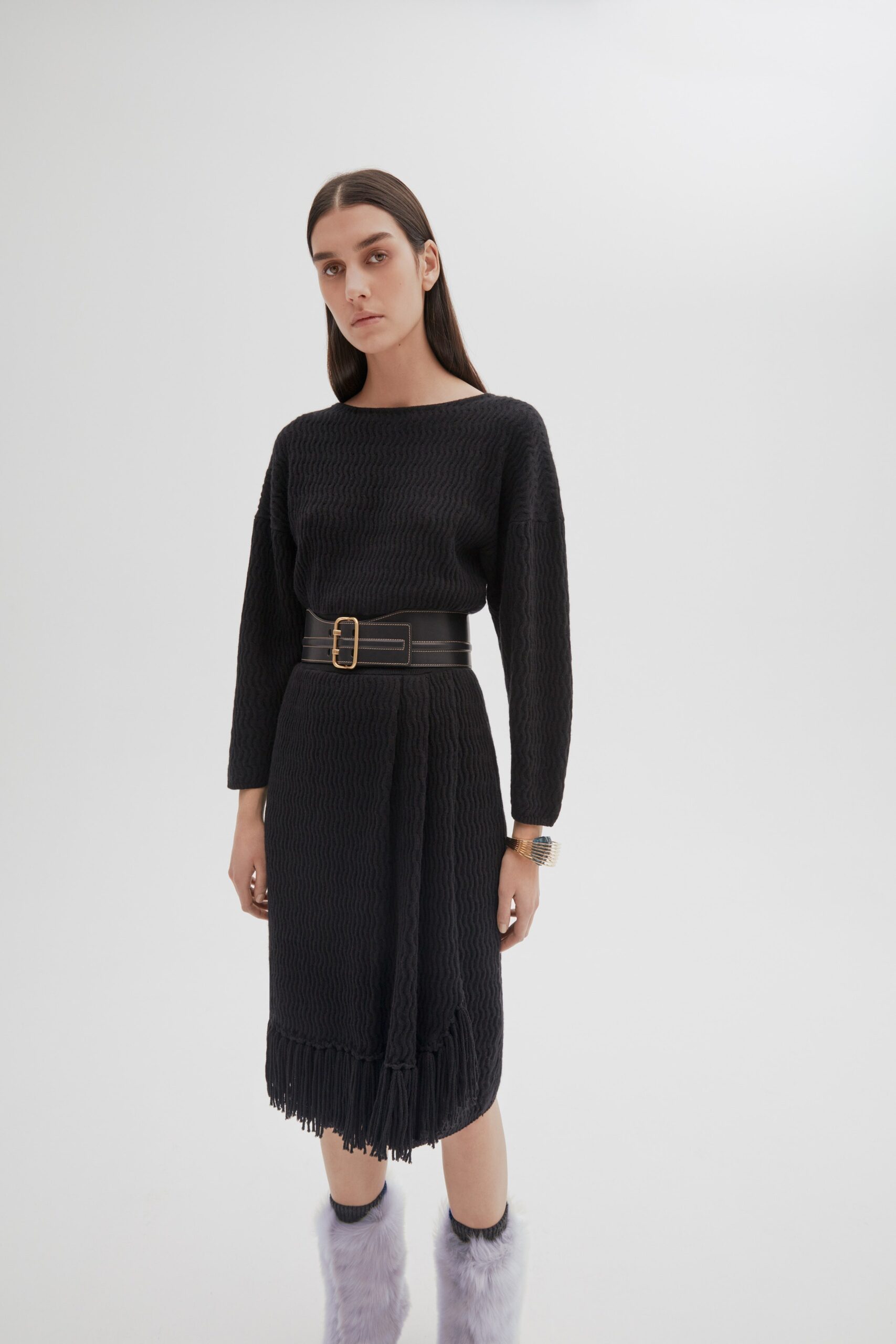 black fitted midi dress with belt