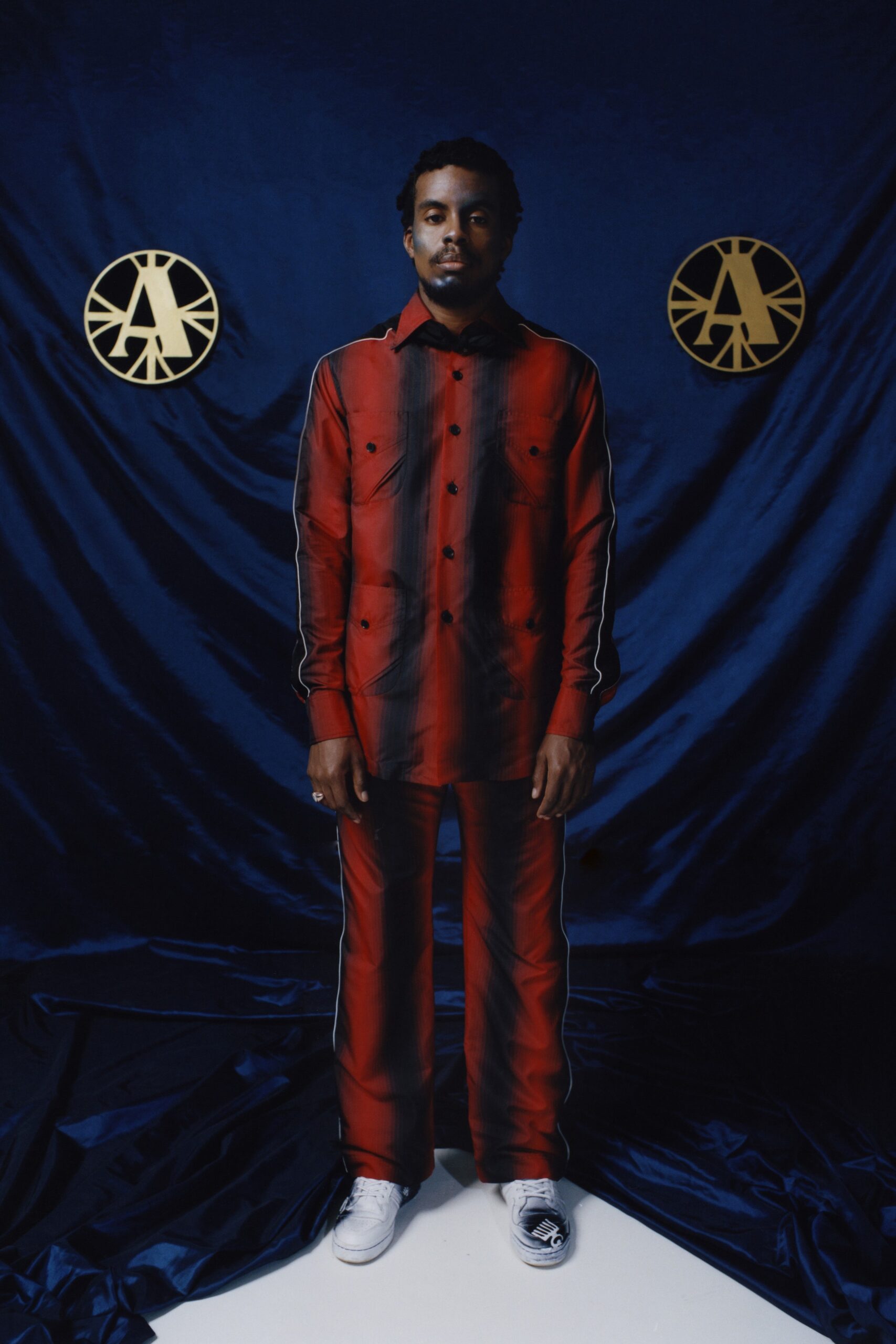 red silk shirt and pants