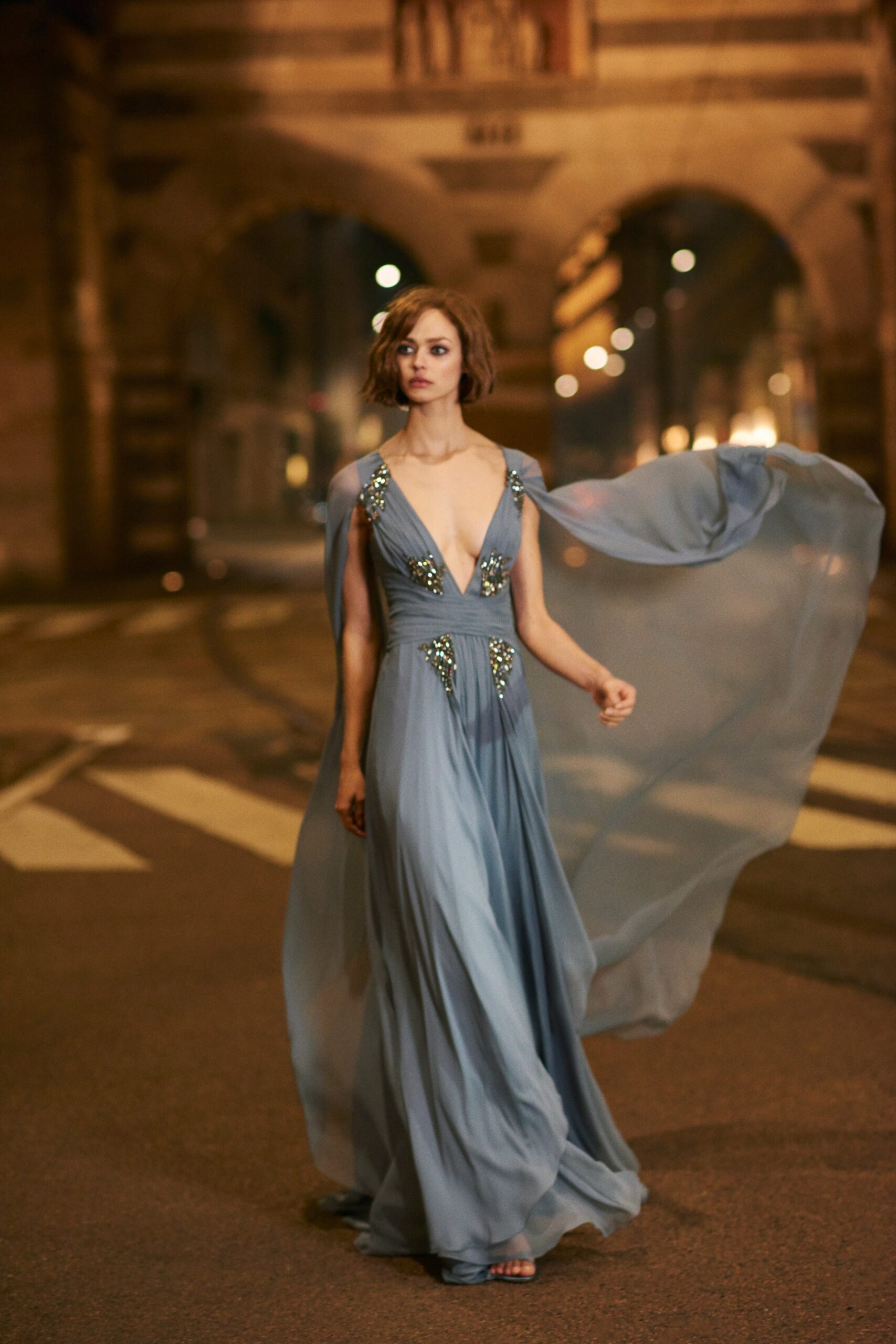 blue silk sleeveless gown