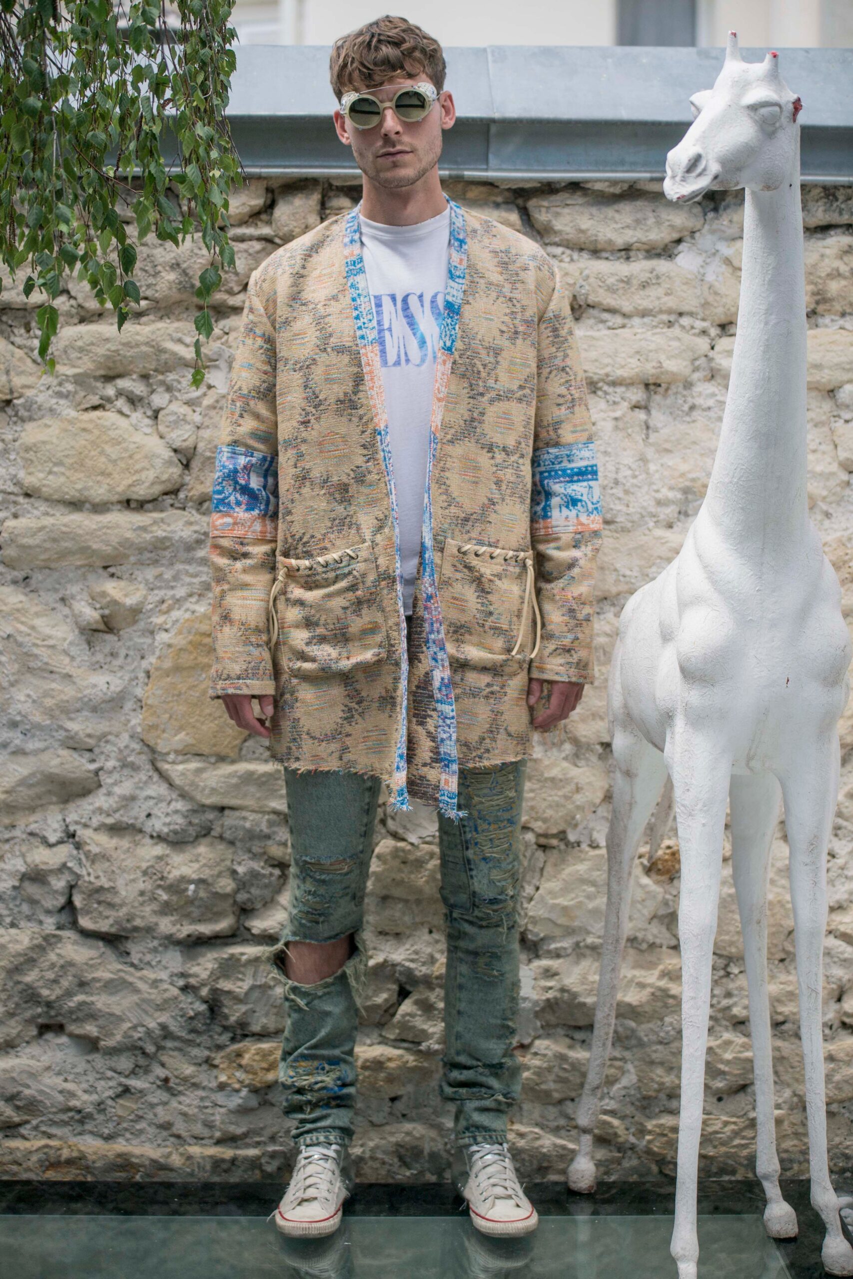 beige cotton long-sleeve collared relaxed printed jacket