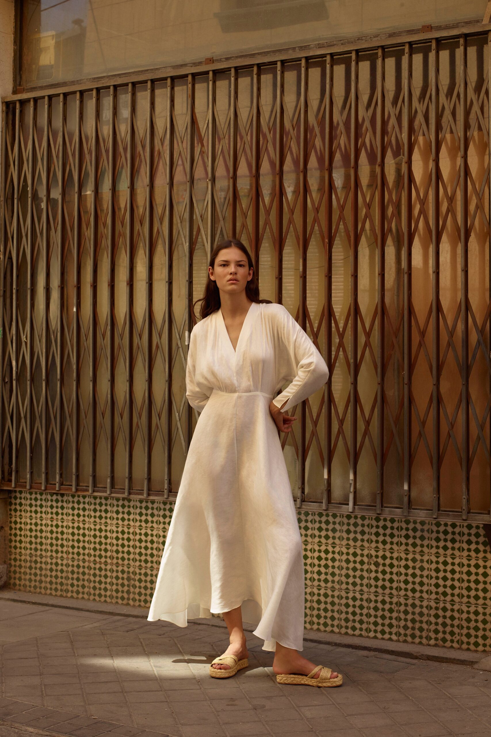 white linen long-sleeve dress