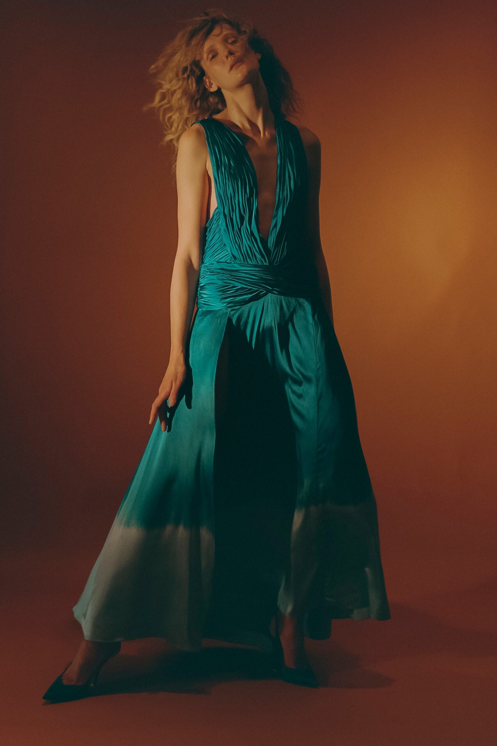 blue green silk gown