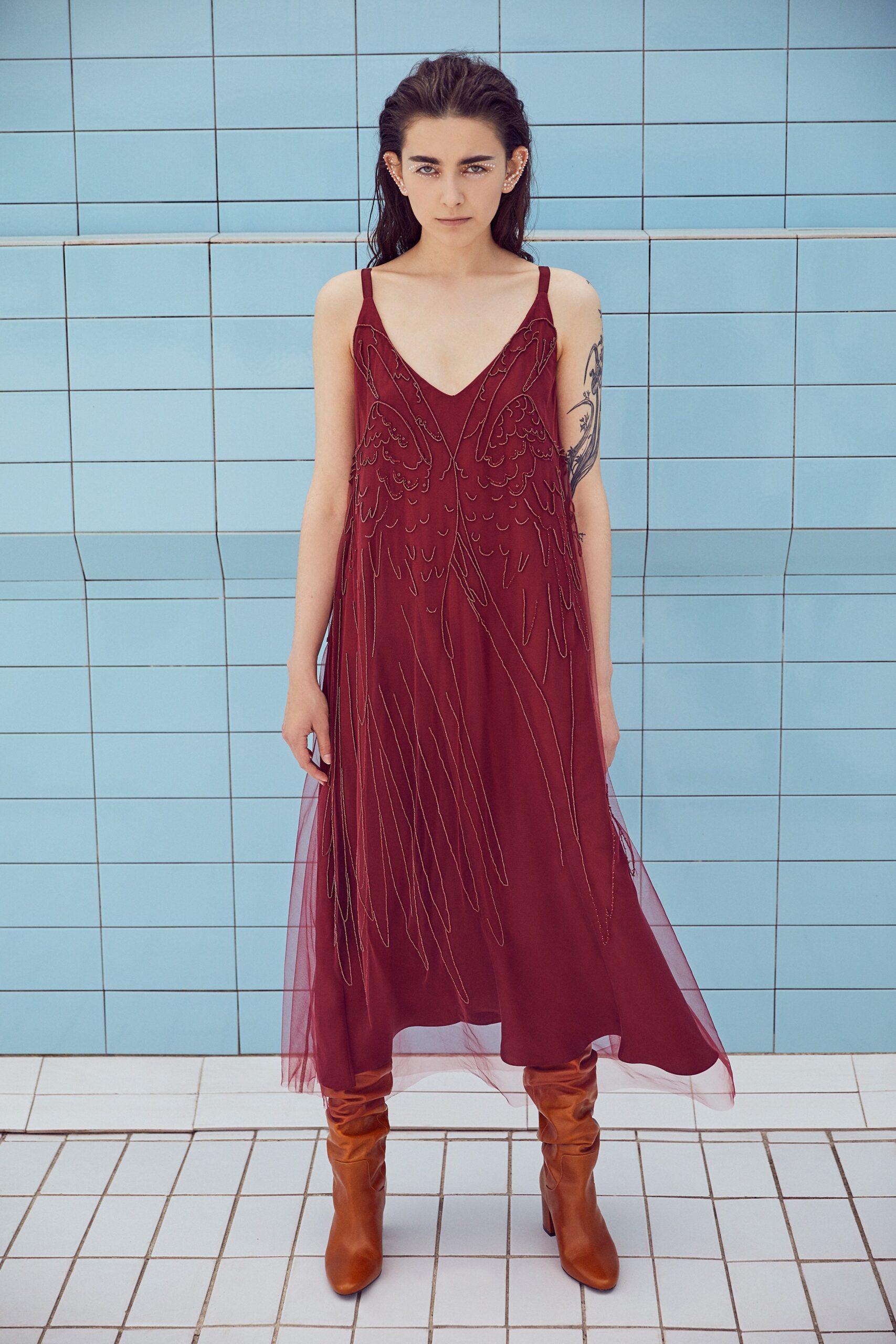 maroon silk sleeveless v-neck fitted embroidered layered dress