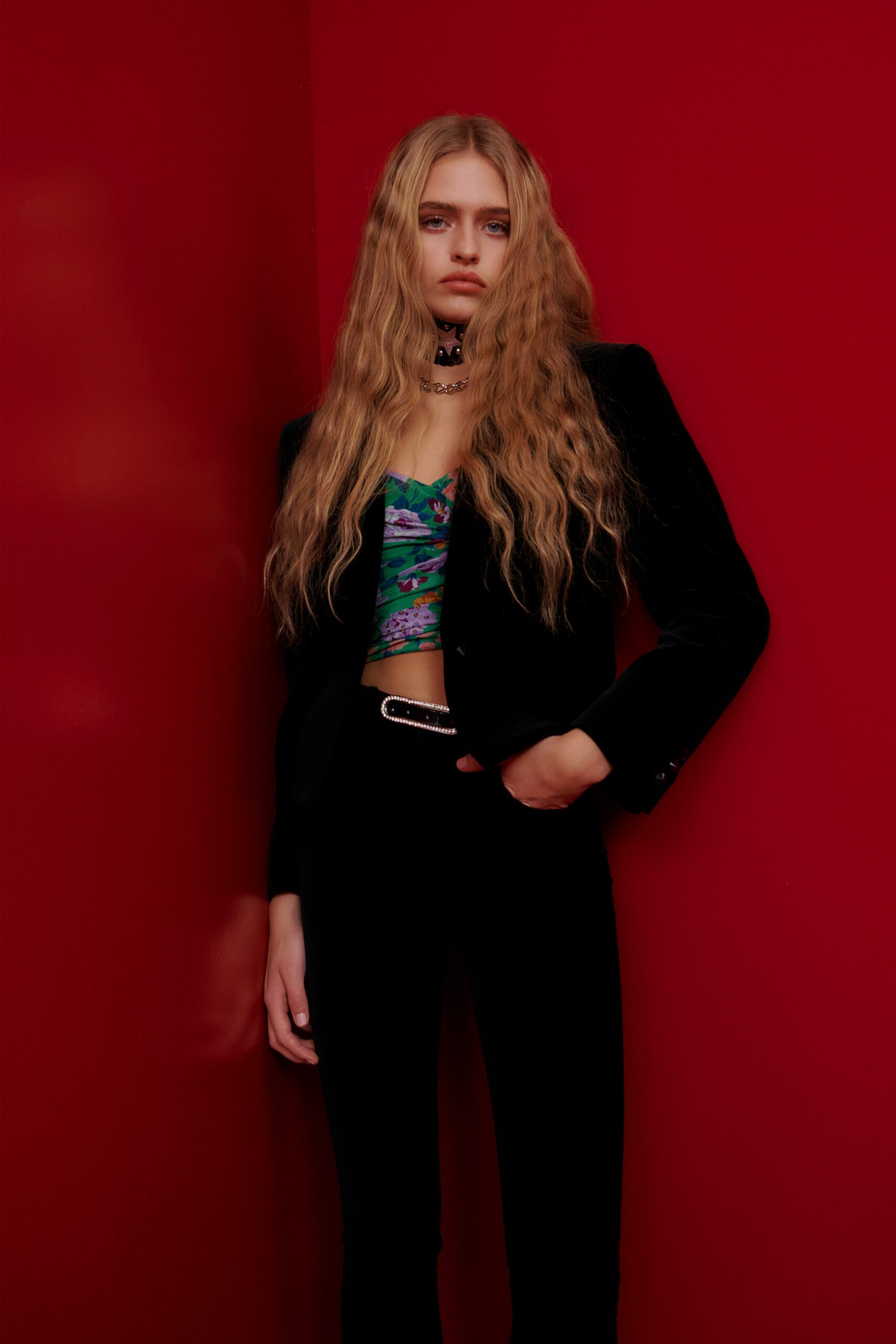 black velvet blazer with multi top