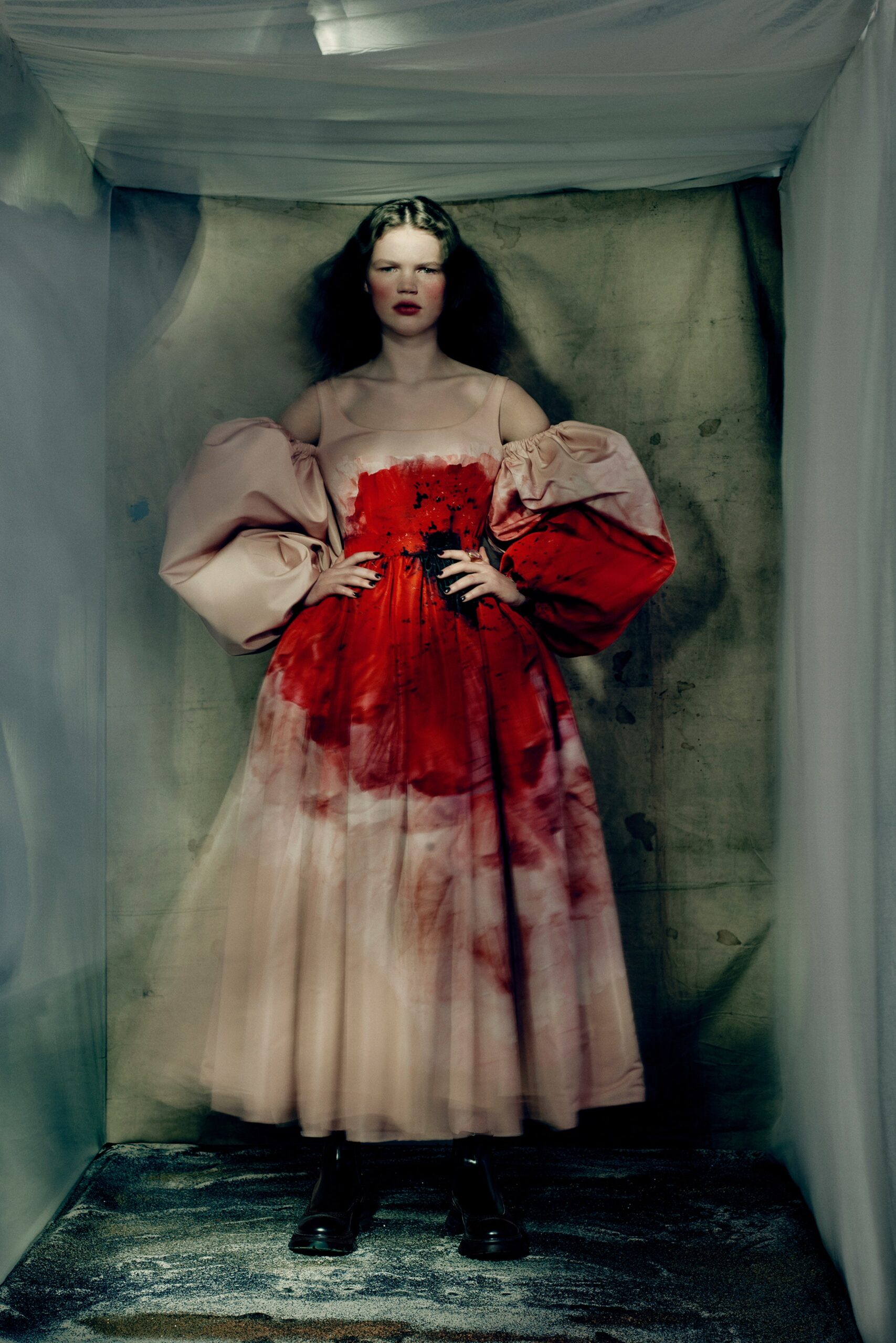 red and beige silk dress