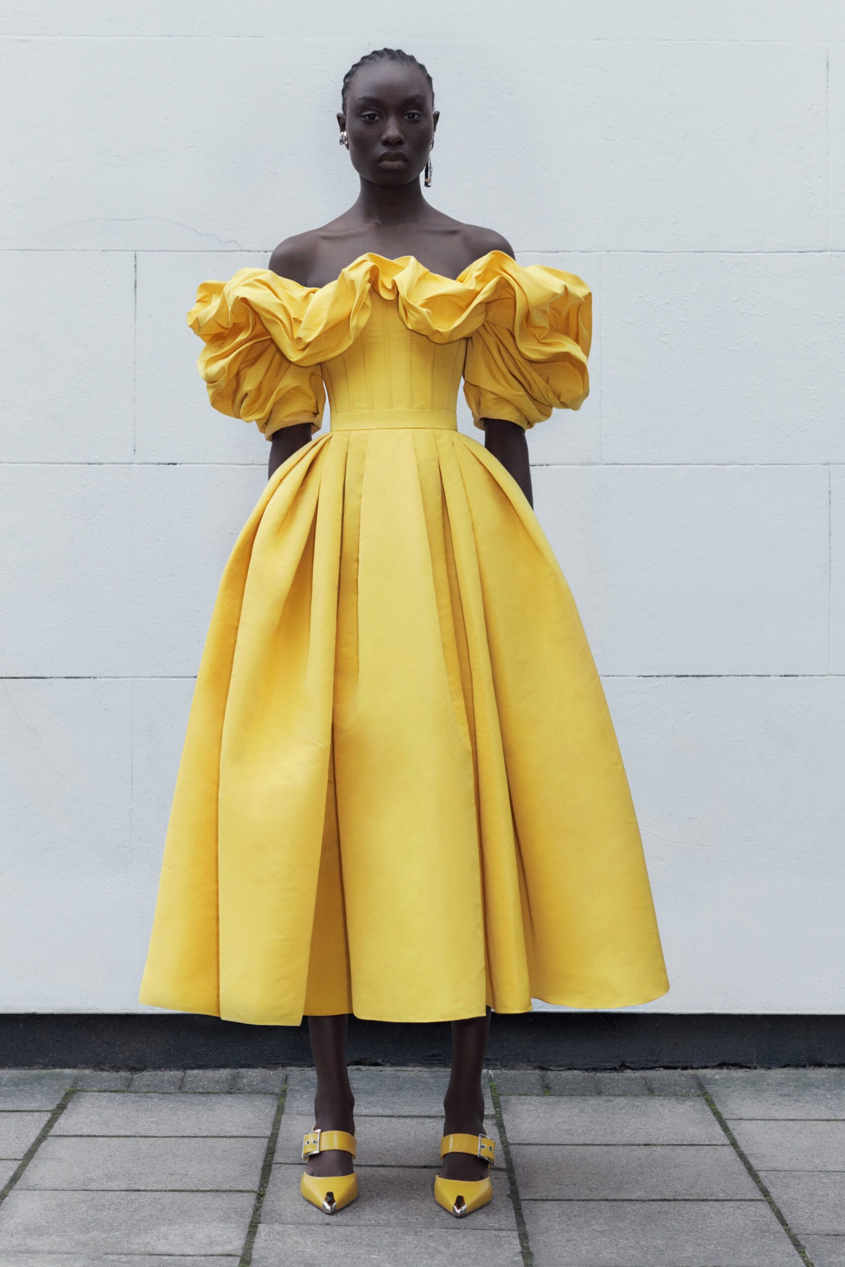 yellow off-shoulder midi dress