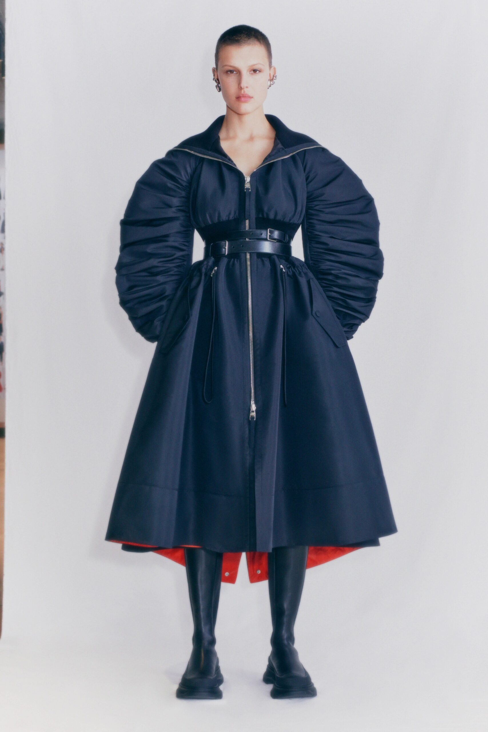 black cotton long-sleeve collared fitted zippered padded dress